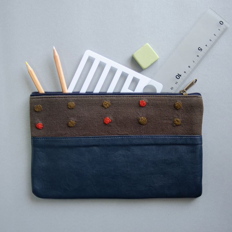 Crewel Dot Pouch (Blue & Brown) - Made in Kashmir