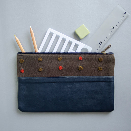 Crewel Dot Pouch (Blue & Brown) - Made in Kashmir